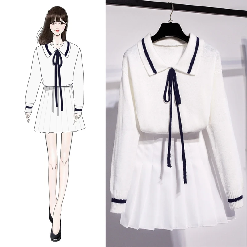 

Spring Korean Student Fashion Casual Two-piece Sweet And Lovely Japanese Knit Sweater + Pleated Skirt College Style