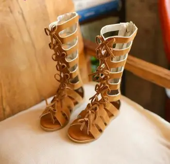

Girls Sandals Children Gladiator Sandals Soft Flock PU Leather Summer Shoes Zipper Bowtie Cut-outs High Knee Shoes