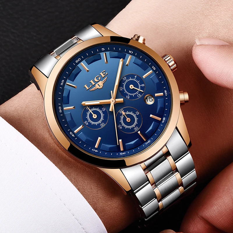 

New LIGE Watch Men Luxury Brand Chronograph Men's Sports Watches Waterproof Full Steel Quartz Men Watches Relogio Masculino +Box