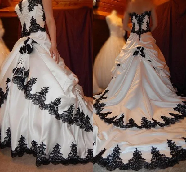 Black and White Wedding Dresses 2016 Gothic Lace Applique Tiered Pageant Bridal Dress Long Back Lace Up Satin Elegant Bridal Wedding Gowns