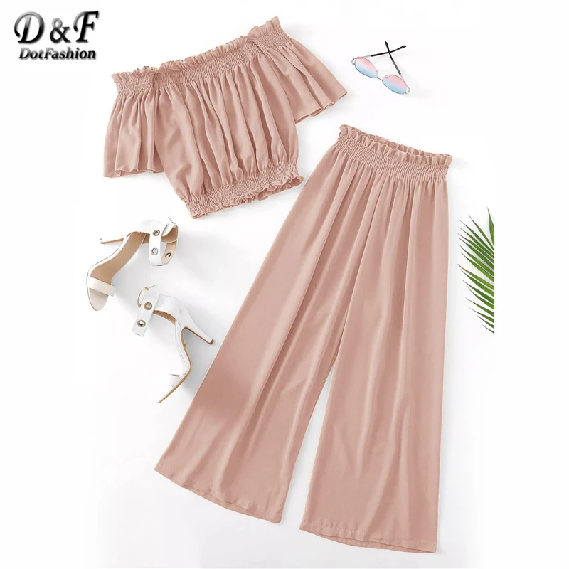 

Dotfashion Plus Size Solid Off Shoulder Lettuce Frill Crop Top With Pants 2 Piece Set Women 2019 Summer Boho Two Piece Outfits