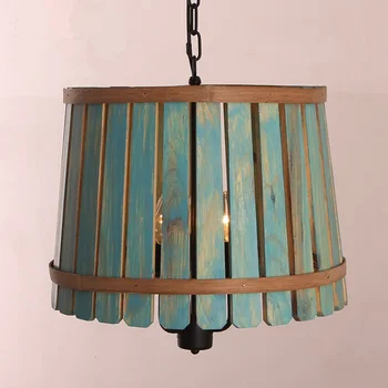 

Solid Wooden wind wooden bucket pendant lights simple living room bedroom restaurant garden terrace retro blue pendant lamps ZA