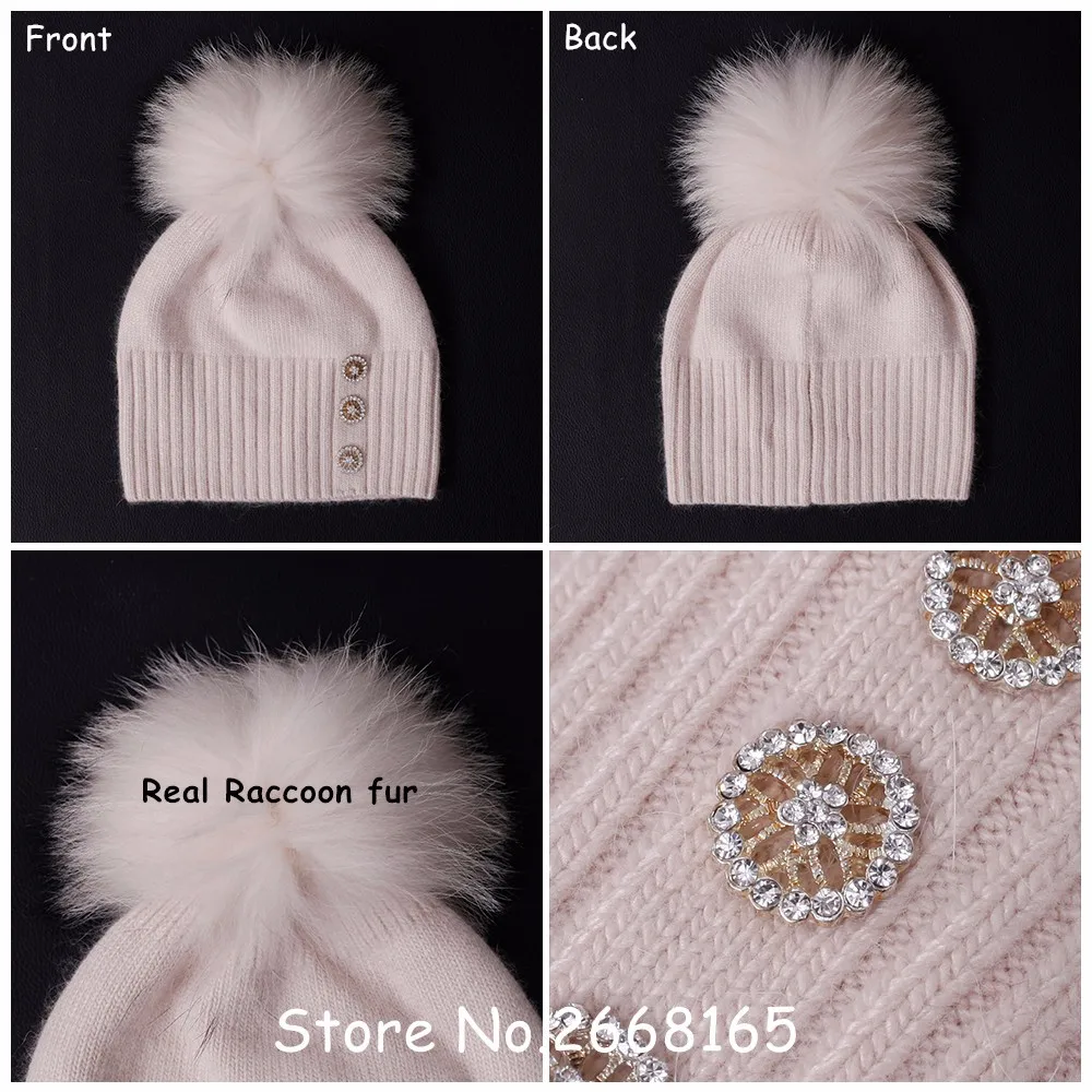 Зимняя супер теплая шерстяная вязаная шапка с настоящим помпон из меха енота женские кашемировые шапочки шапка модная женская классическая зимняя шапка