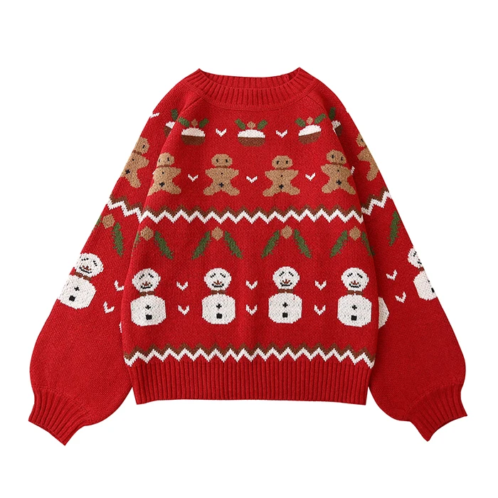 

Spring Casual Women Pullover Sweater ONeck Cute Bear Snowman Jacquard Vintage Student Girls Knitted Pullovers Tops Red Knitwear