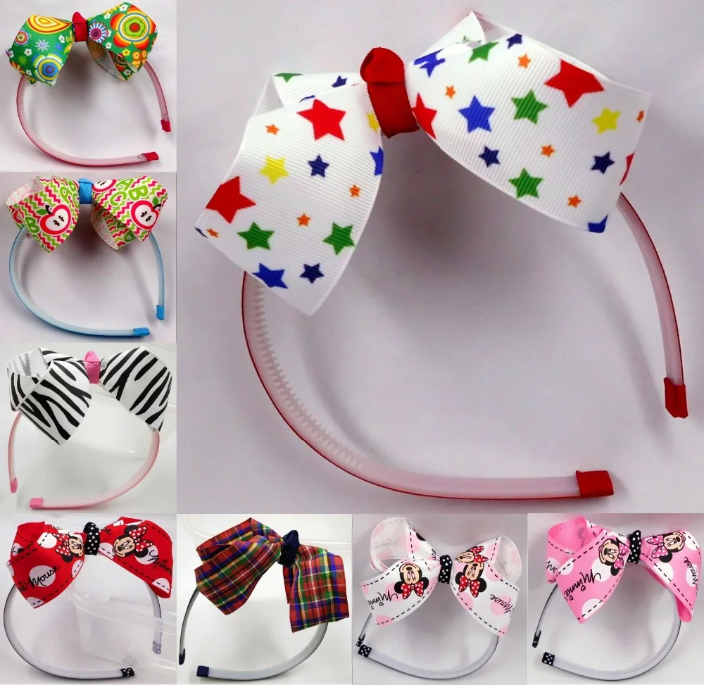 

50PCS teeth plastic headband with print grosgrain bow  headdress 8 choose 5 color
