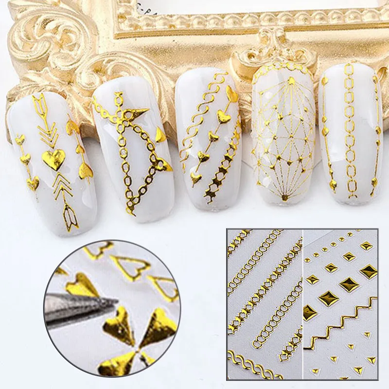 

Geometric Patterns 3D Nail Sticker Decals Adhesive Moon Star Gold Stripes Wave Line Manicure DIY Nail Art Decoration 1 Sheet