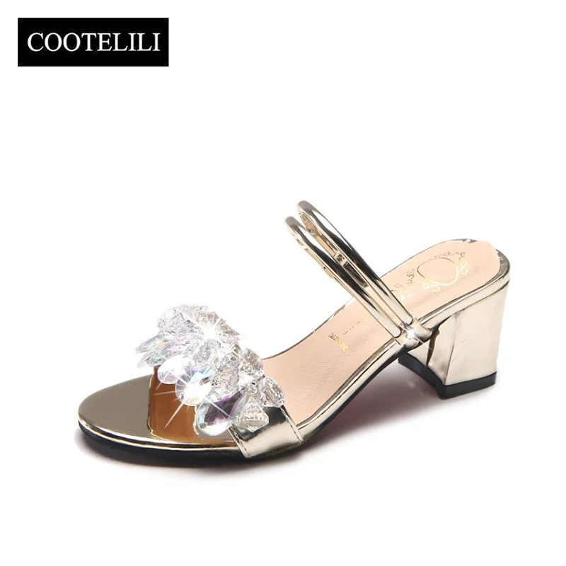 

COOTELILI Gladiator Rhinestone Sandals Women Thick Heels Platform Shoes Woman Slides Crystal Sandalia Feminina Two Ways Wear
