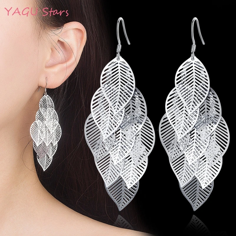 Fashion Multi Layer Maple Leaf Drop Earrings 925 Sterling Silver For Women Long Leaves Dangling Bijoux | Украшения и аксессуары
