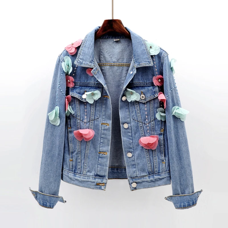 

2018 Autumn Women Slim Embroidered Three-dimensional Flowers Long Sleeve Denim Jacket Women's Beading Jeans Coat 1878