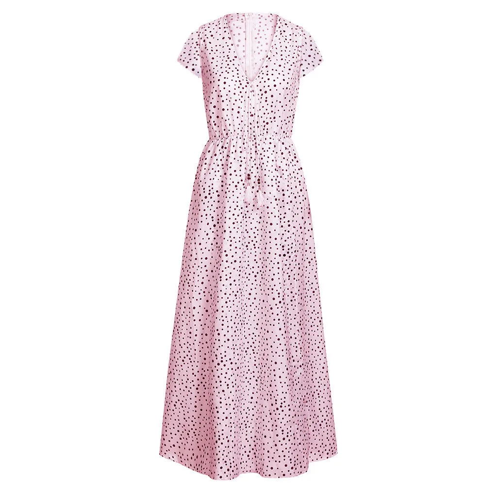 Женское белое платье в горошек, v-образный вырез, короткий рукав, винтажное платье макси, новинка, с кисточками, на шнуровке, летнее, тонкое, длинное, для девушек, сарафан DouDouLu - Цвет: Розовый