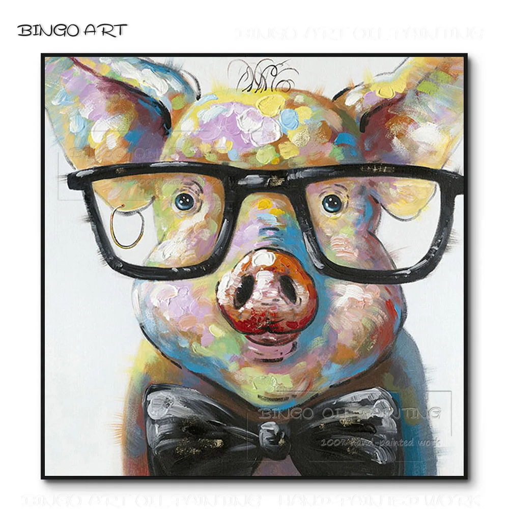 

Skilled Artist Hand-painted Knife Painting Lovely Animal Pig Oil Painting on Canvas Cute Artwork Pig with Glasses Oil Painting