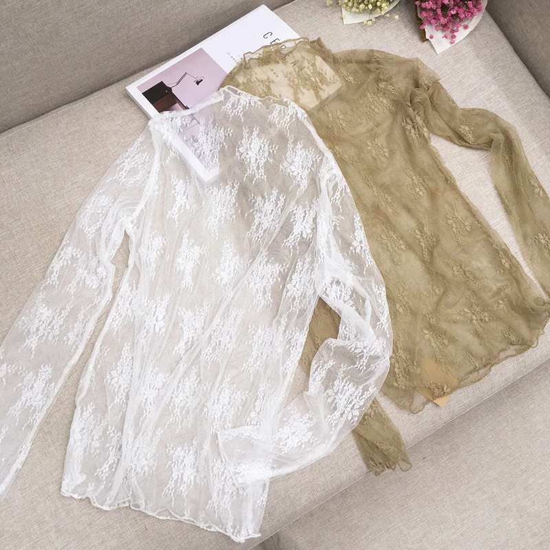 

Summer Women Transparent Lace Bottoming Shirt Female Sexy Lace Mesh Blouses Top Shirts See-through Beach Base Blouse Tops