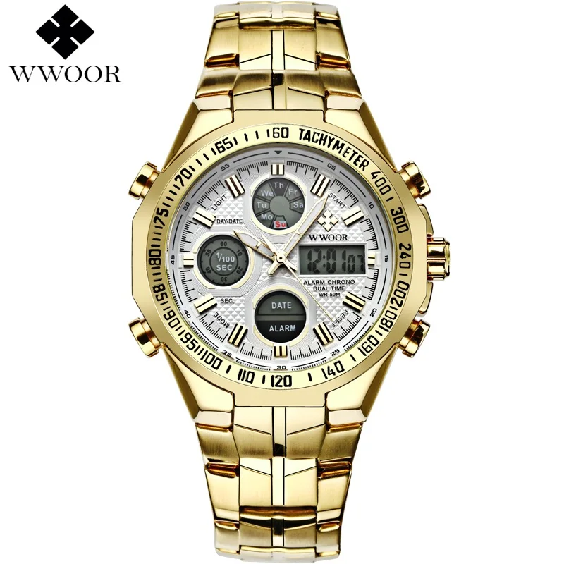 WWOOR золотые светодиодный двойной Дисплей часы Для мужчин брендовая