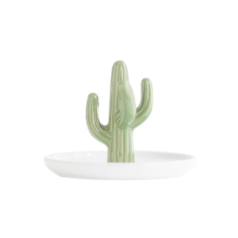 Small Flamingo Unicorn Pineapple Decorative Dish Plate Porcelain Jewelry Dish Necklace Ring Tray Storage Trinket Vanity Dish - Цвет: white green cactus