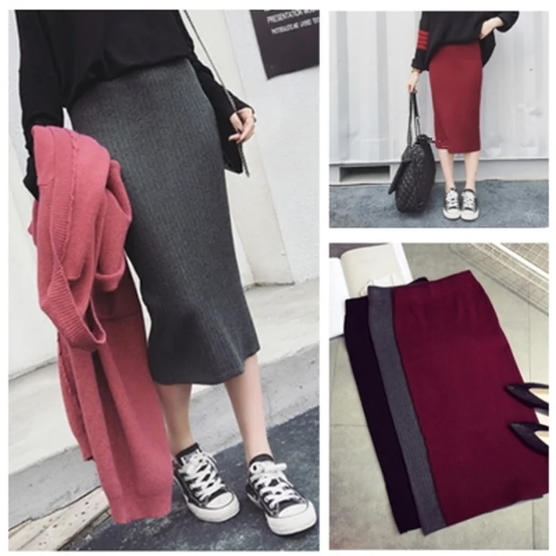 Women Skirts Knitting Solid Female Pencil Skirt Autumn Winter High Waist with Package Hip Split Ends Long Skirt