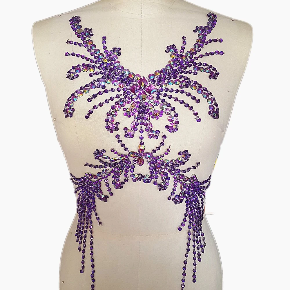 

Sumptuous Exquisite Rhinestones Sequins Beads Sew on For Dress Delicate Glitter Wedding Applique Chest Decoration 28x52cm Purple