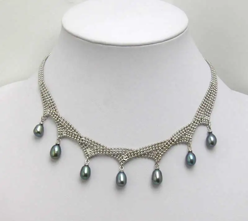 

SALE 6-7mm natural freshwater drop Black pearl 7pcs necklace-nec5075 wholesale/retail Free ship