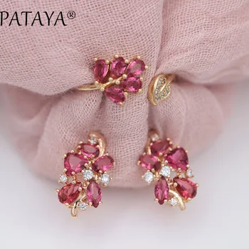 

PATAYA Fashion Rose Red Water Drop Natural Zircon Earrings Up Open Rings Sets 585 Rose Gold Exclusive Design Women Fine Jewelry