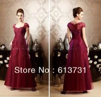 Wholesale - 2013 Red A Line chiffon Lace Mother of the Bride Dress Gown with Cap sleeves and ankle Length K158007