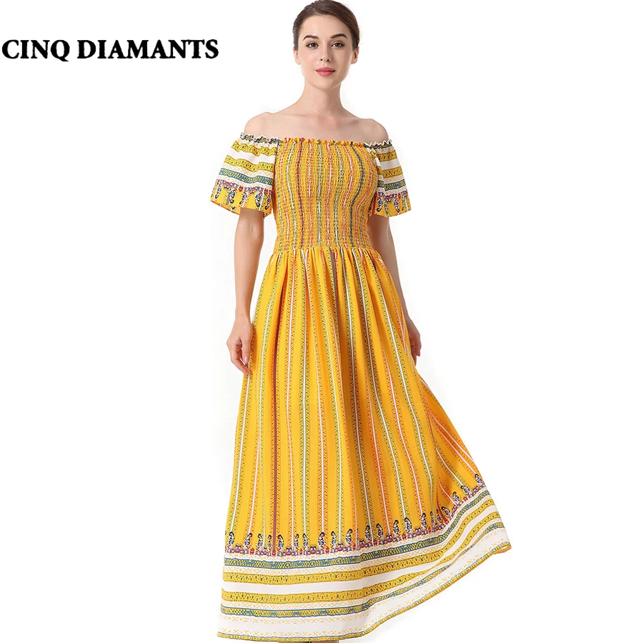 CINQ DIAMANTS с открытыми плечами длинное платье женщины boho пляжное Праздник желтый