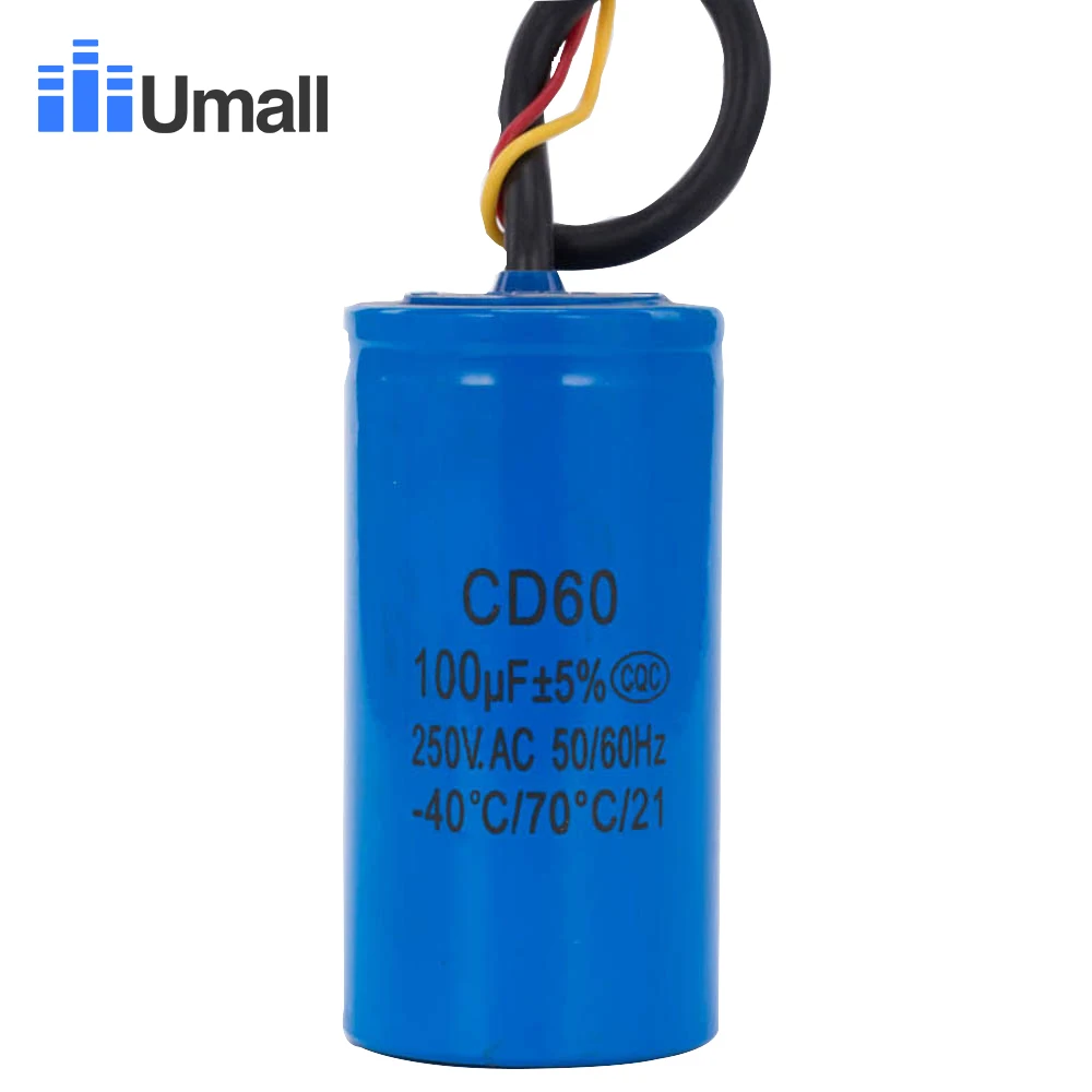 CD60 100 мкФ 250V AC пусковой конденсатор для сверхмощного электрического двигателя Воздушный компрессор красный желтый два провода