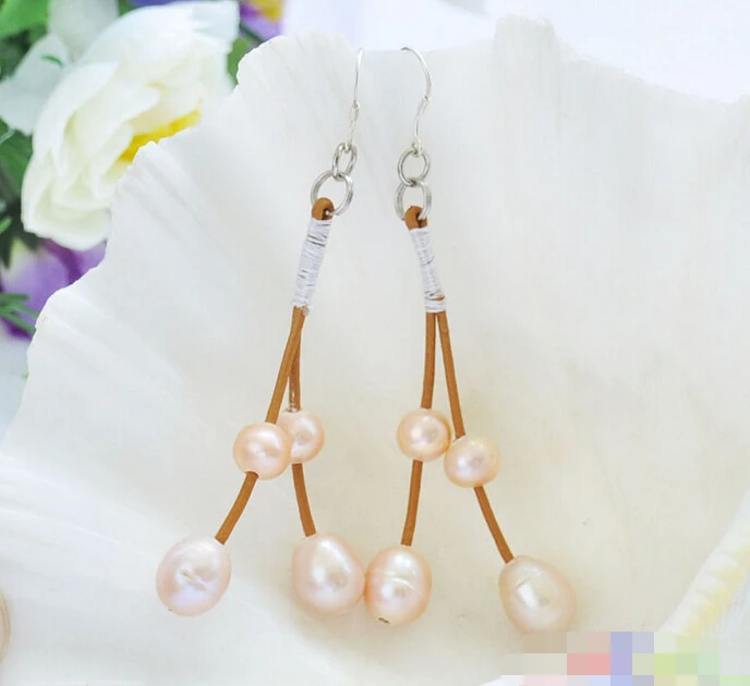 

1489 pink rice freshwater pearl coffee hide rope dangle EARRING