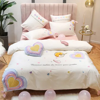 

White Princess Style Love Embroidery 60S Egyptian cotton Girl Bedding Set Queen King Duvet Cover Bed sheet Bed Linen Pillowcases