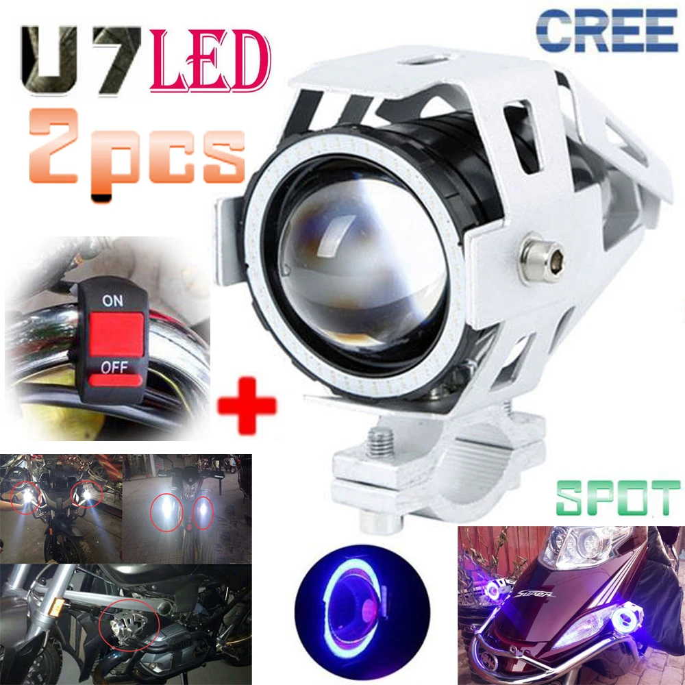 

2pcs Silver Waterproof Super Bright 125W Spotlight Motorcycle Fog Light LED Headlight Driving Spot Lamp With Angel Eyes + Switch
