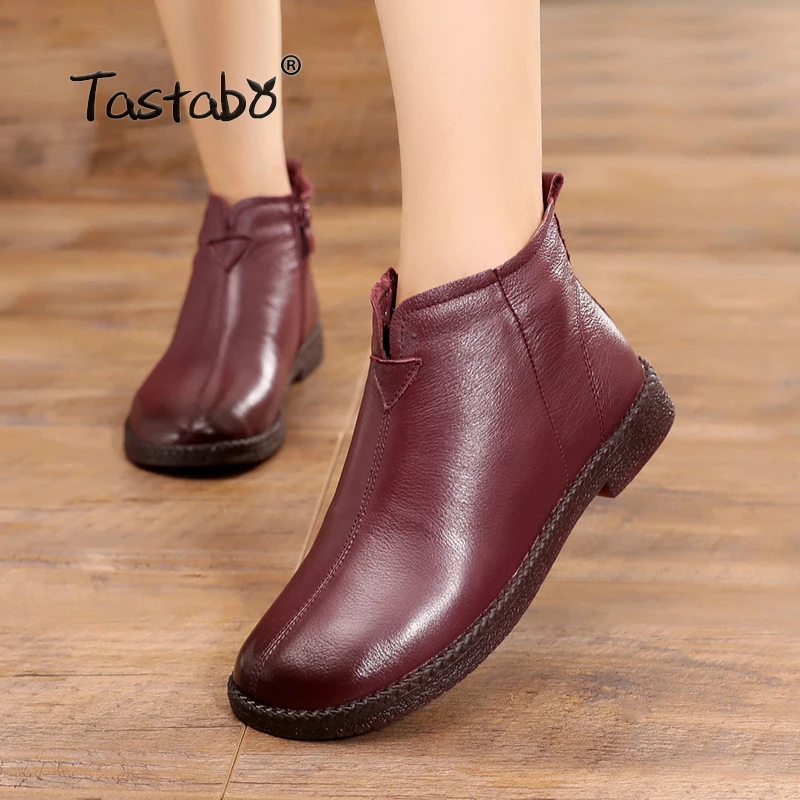 

Tastabo Genuine Leather Winter Warm Boots for Women Casual Handmade Ankle Boots With Fur Retro Boots Women Ladies Shoes Flats