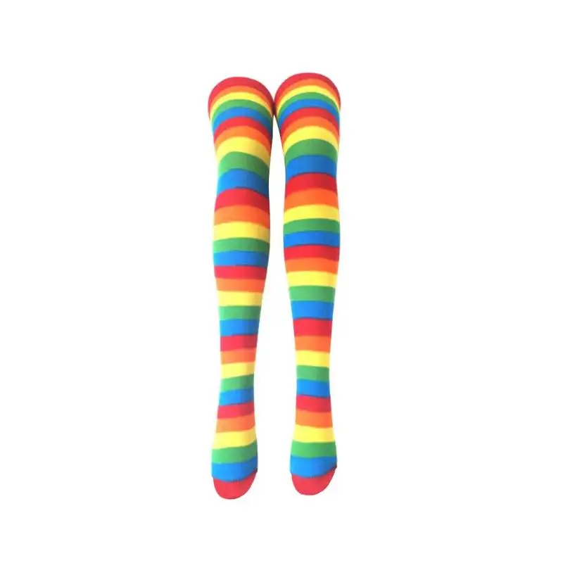 Women Stockings Cute Cotton Thigh High Mixed Colored Rainbow Striped Long Stockings Knitted