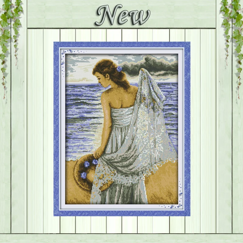 

Seaside girl,Counted printed on the canvas DMC 14CT 11CT Cross Stitch Needlework kit,Embroider Set,pretty woman Home wall Decor