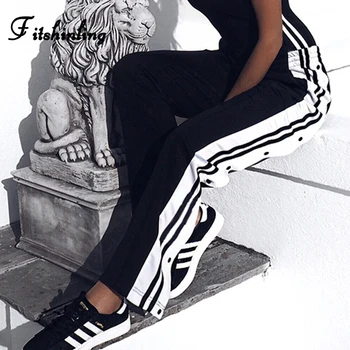 

Fitshinling High street women's high waist pants sportswear buttons striped black trousers for women straight loose joggers sale