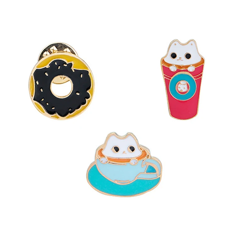 

Quality Cartoon Brooch Cat Donut Coffee Mug Brooch Badge Creative Jacket Backpack For Women's Shirts Decorative Pin Accessories
