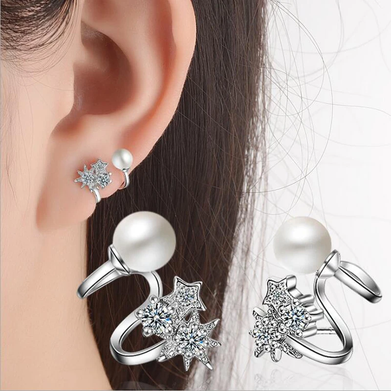 

KOFSAC New Charming Star Zircon Pearl Non Piercing Cartilage Ear Clip Earring Jewelry Fashion Silver 925 Earrings For Women Gift