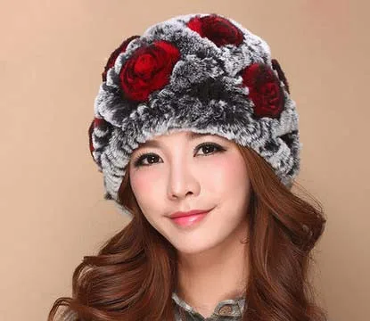 Зимняя шапка из меха кролика рекс с розами, женская меховая шапка для мамы среднего возраста - Цвет: as picture