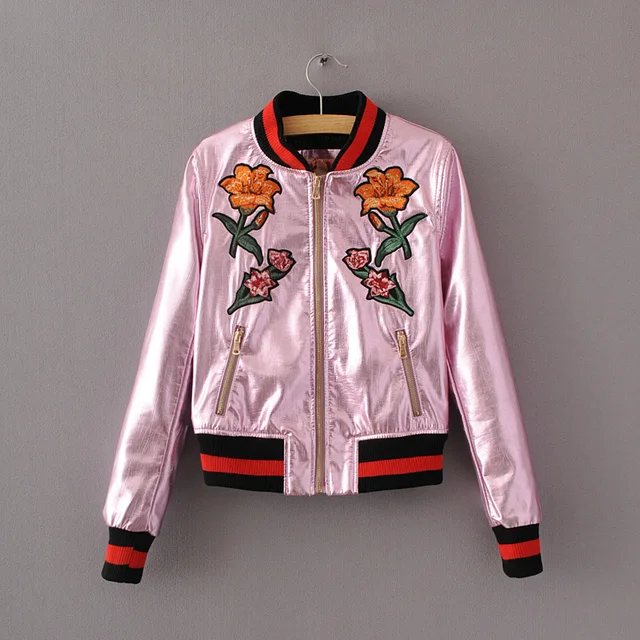 winter flower rose embroidery pu leather jacket women fashion print baseball basic