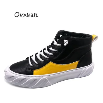 

OVXUAN 2019 Leather stitching Spiral Toe Sneakers Men Flats Hip Hop High Top Fashion shoes Casual Party Loafers Shoes for Men