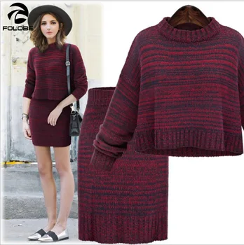 

FOLOBE 2020 Winter 2 Pieces Sweater Dress Set Women Long Sleeve Office Wear Casual Gray Pullover Knitted Dresses Clothing Suit