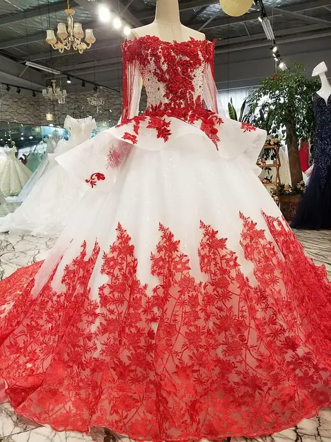 2018 Red Lace Natural White Tulle Long Train Bride Dress Floor length