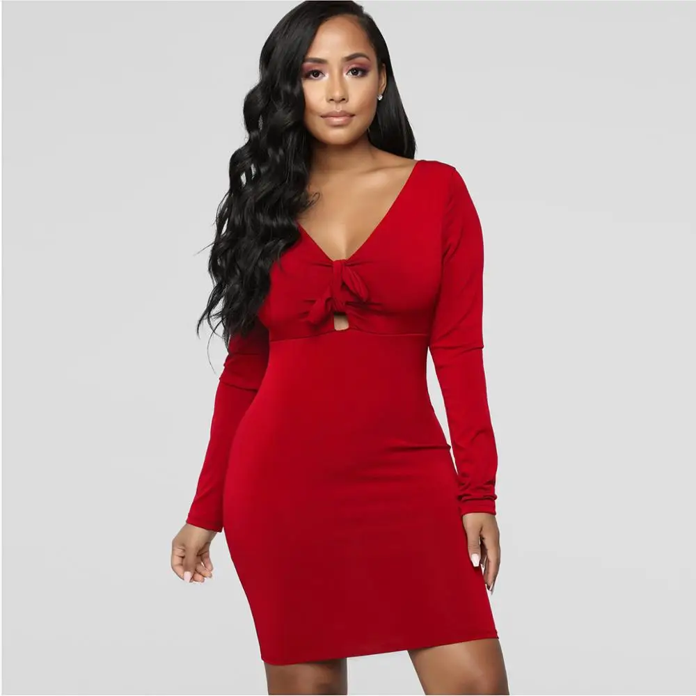 

Women Summer Fashion Mini Dress With Hollow Out Design Casual Long Sleeve Dress Bandage V Neck Solid Bodycon Party Evening