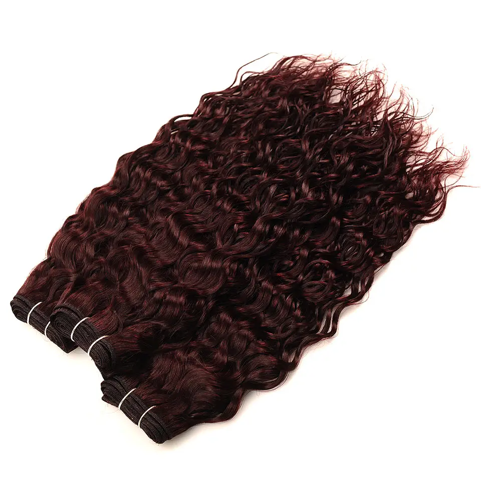 Pinshair Red Hair 4 Bundles Water Wave Brazilian Human Hair Weaving Burgundy Water Wave Wet Wavy Non Remy Hair Weave Extensions (69)
