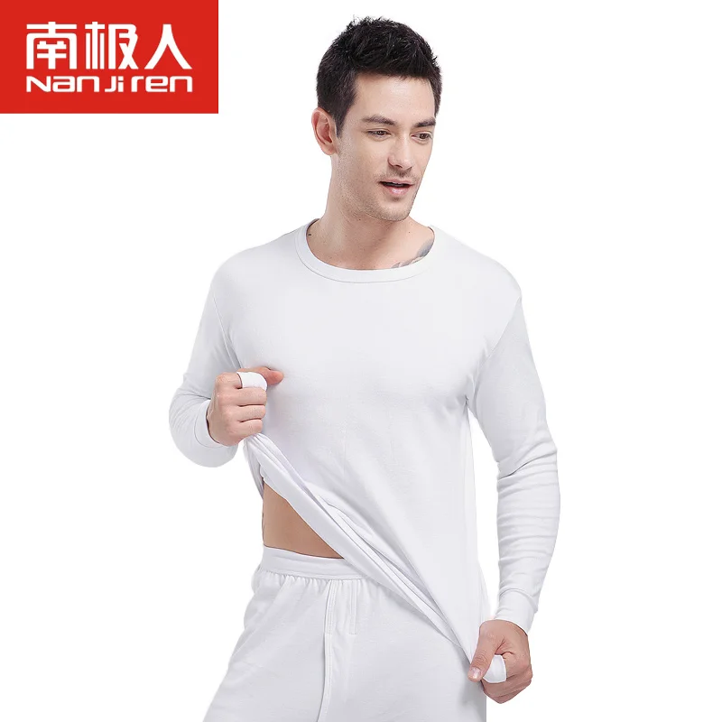 New Solid Pure White Long Johns Men 's Round Neck 100 Cotton Thermal