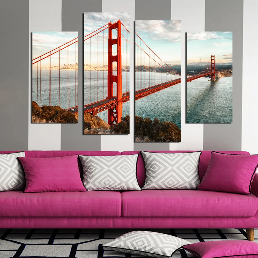 

Top Quality 4 Panels Modern Printed London Cityscape Red Bridge Canvas Painting Cuadros Picture Wall Art For Bed Room Unframed