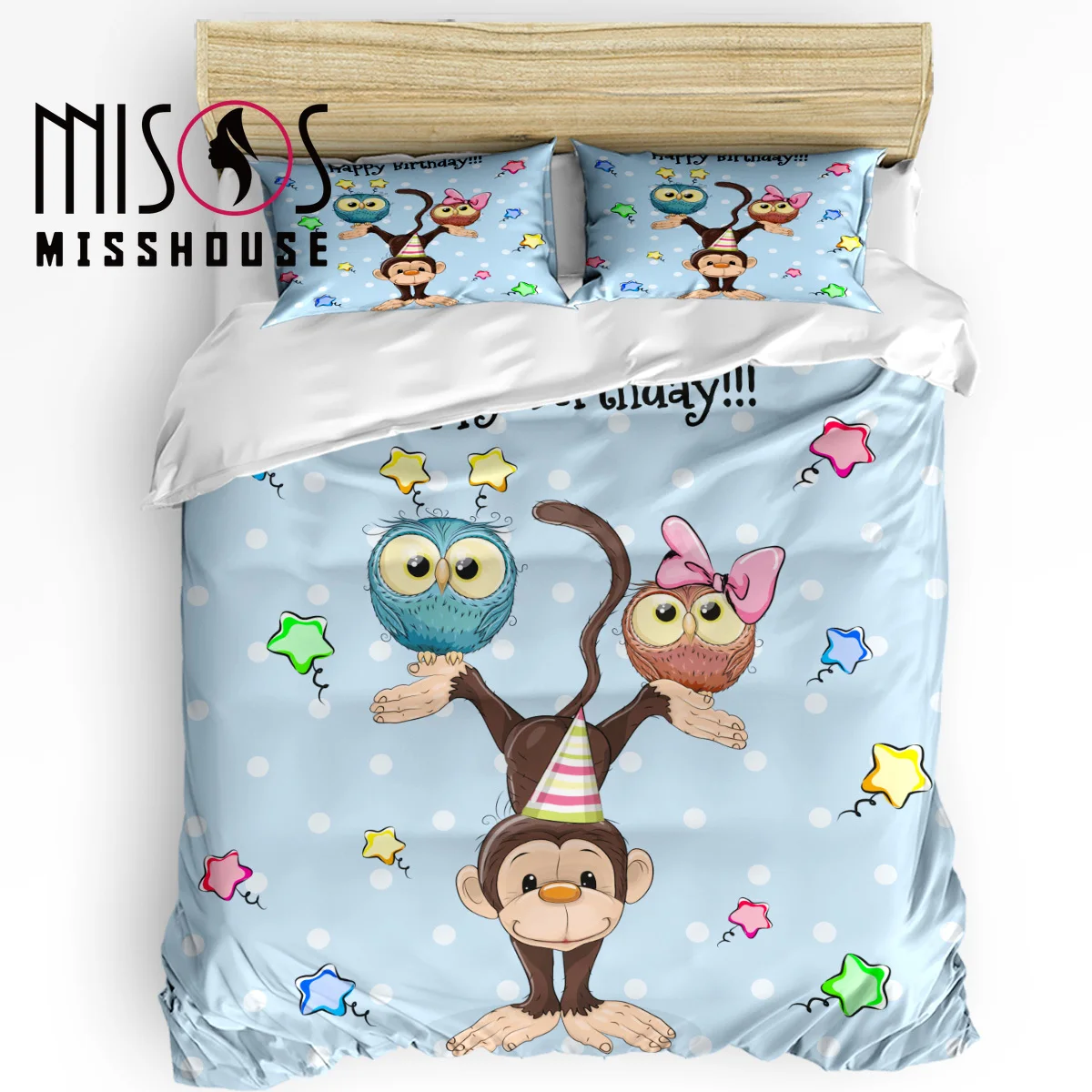 MISSHOUS Bedding Sets Cartoon Owl Monkey With Happy Birthday Home Textile 3pcs Duvet Cover Set Comforter Pillowcases | Дом и сад