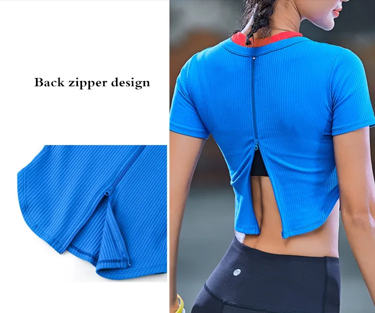 Женская Сексуальная футболка для йоги на молнии сзади с коротким рукавом спортивная футболка быстросохнущая одежда для фитнеса спортзал бег укороченный топ