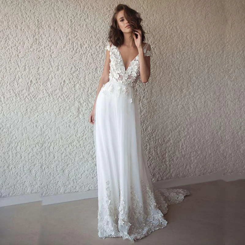 Mejor Promo 2020 Vestido De Novia Boho Largo Sin Espalda Blanco Playa Flores Apliques Encaje Cuello Pico Boda De Princesa Vestidos De Novia May 2020