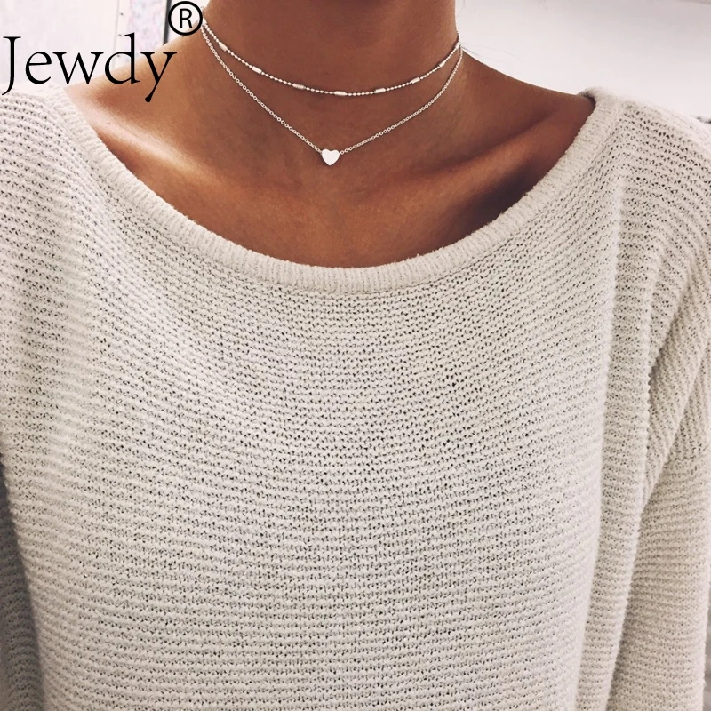 

2 layers gold silver heart collier chain choker necklace for women boho chocker bohemian multi layer Dainty colar femelle bijoux