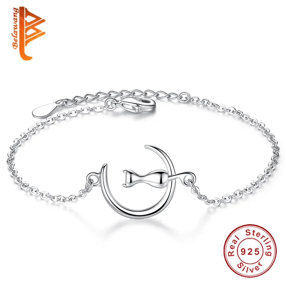 

BELAWANG 100% 925 Sterling Silver Moon & Cat Chain Link Bracelet for Women Girls Lovely Animal Bracelet Original Jewelry