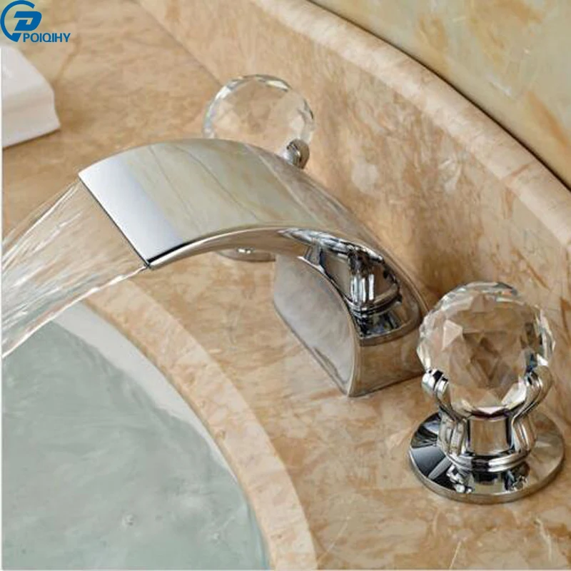 

POIQIHY Basin Faucet Widespread Basin Faucets Crystal Dual Handle Waterfall Tap Mixer Taps Three Holes