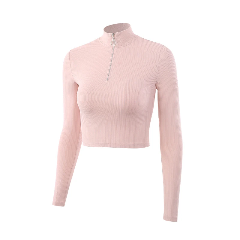 

Oyoo Women's Pink Knit Rib Workout Track Jacket Half Zip Pullover Long Sleeve Yoga Running Shirt Soft Crop Top Sports Hoodie